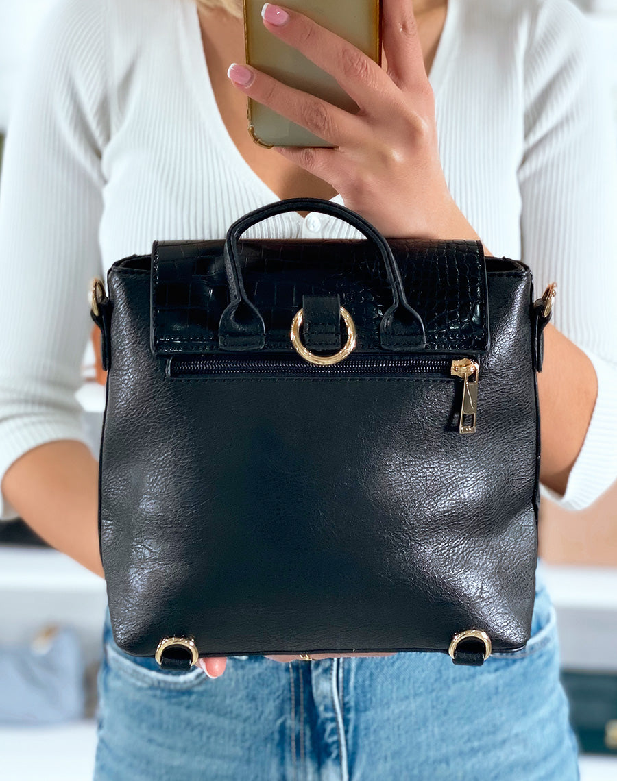 Sac à dos noir bi-matière effet croco à détail doré