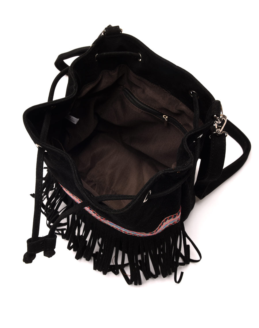 Sac à dos noir effet suédine avec liserais et franges