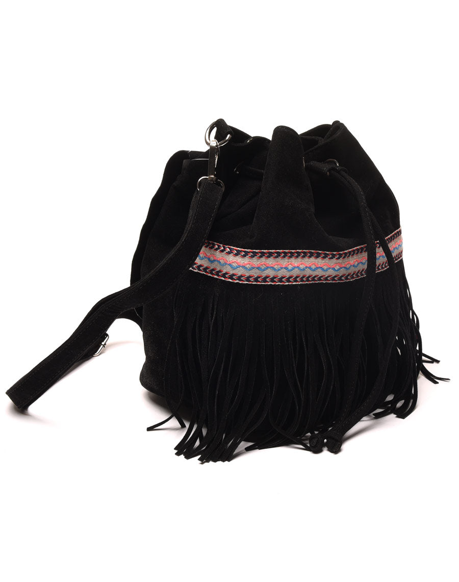Sac à dos noir effet suédine avec liserais et franges