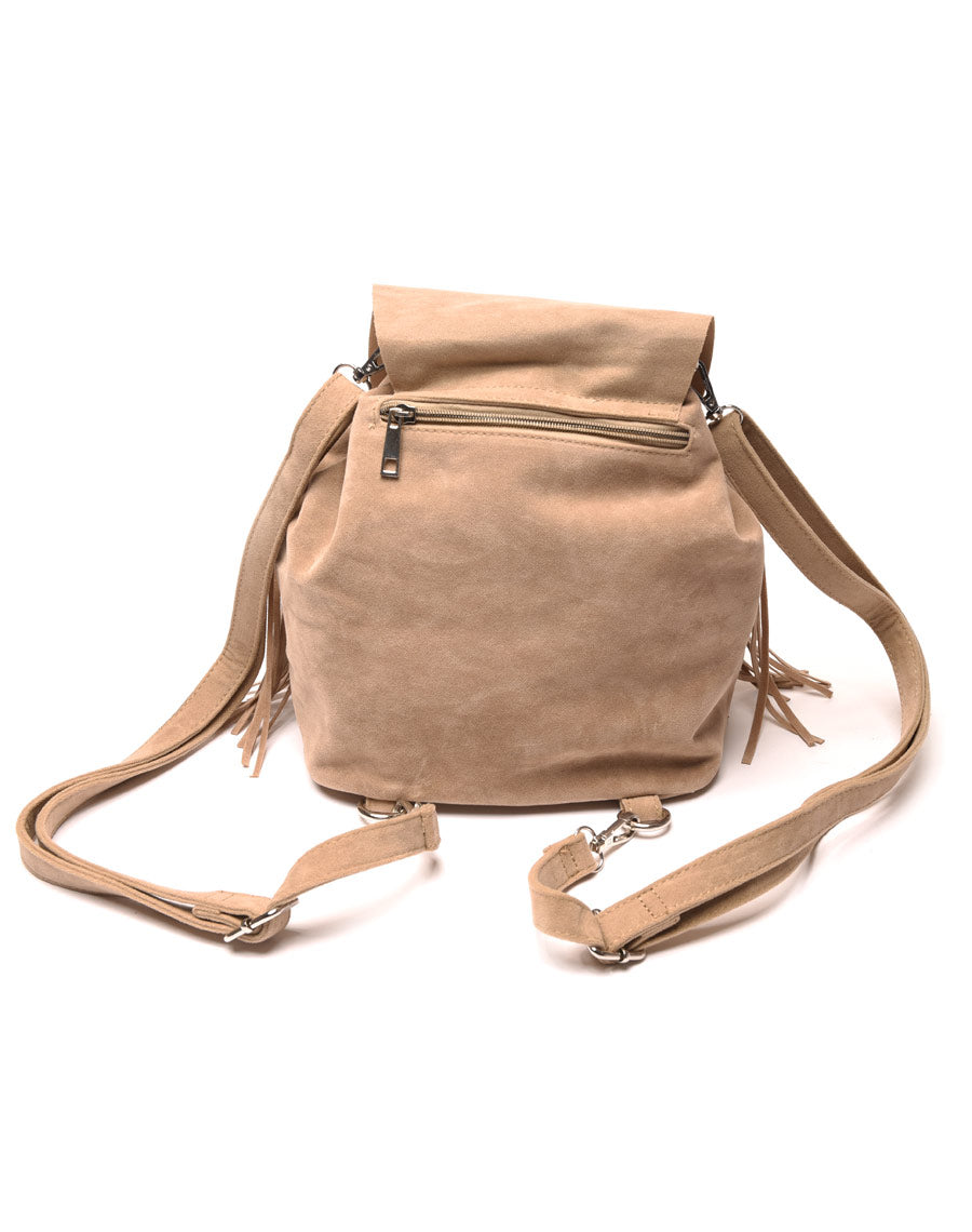 Sac à dos taupe effet suédine avec liserais et franges