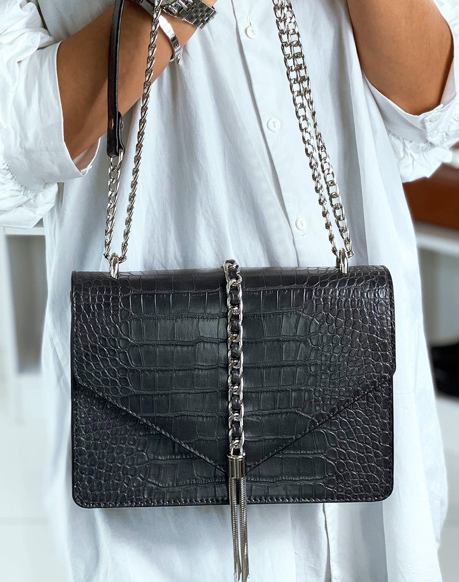 Sac en bandoulière gris croco à détails argentés