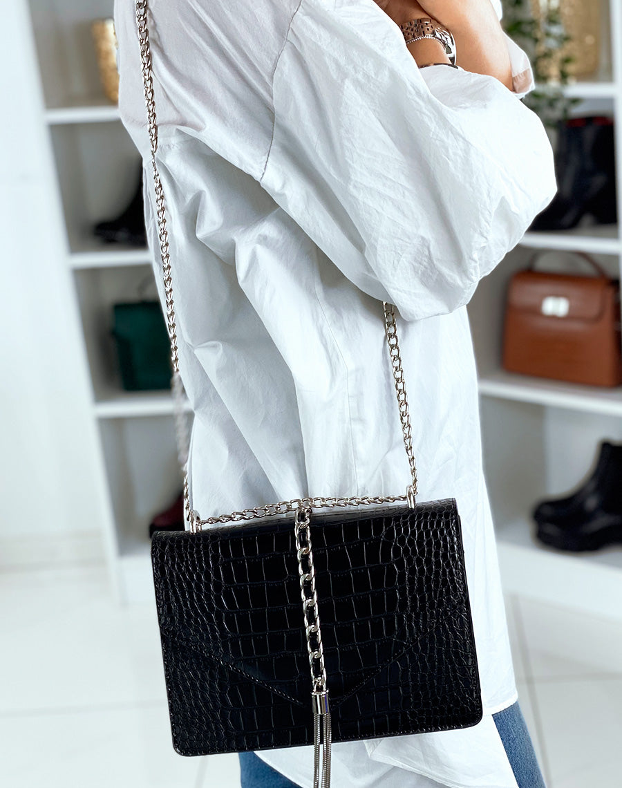 Sac en bandoulière noir effet croco à détails argentés