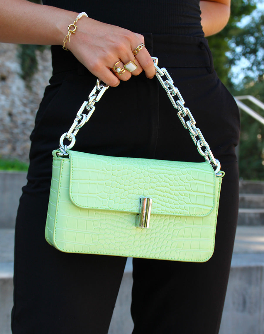 Sac en bandoulière vert pomme effet croco à chaîne