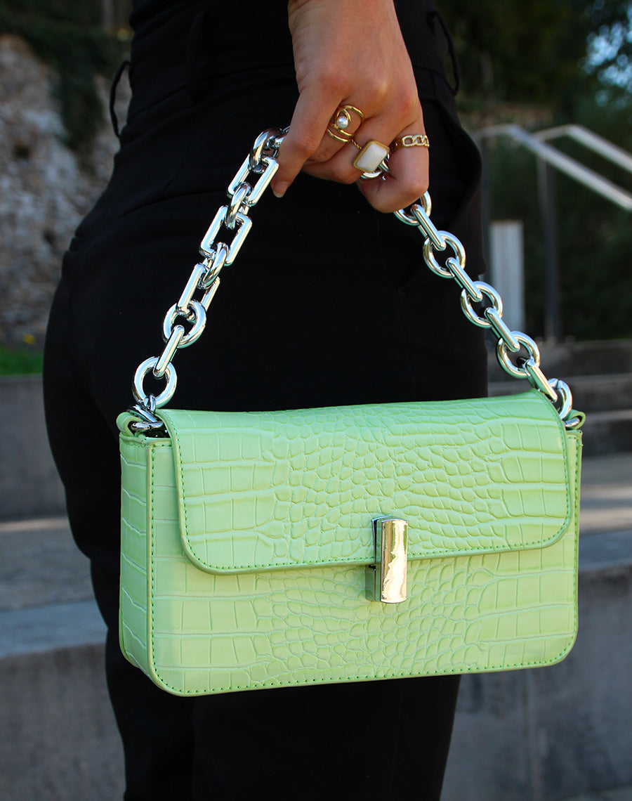 Sac en bandoulière vert pomme effet croco à chaîne