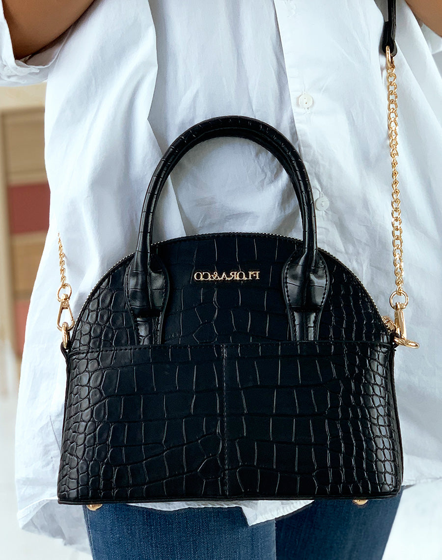 Sac à main arrondis noir effet croco