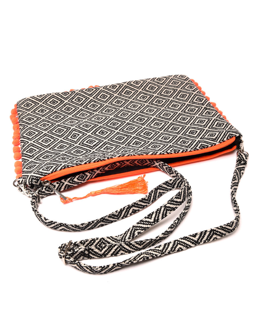 Sac à main aztèque noir à fermeture et pompons oranges