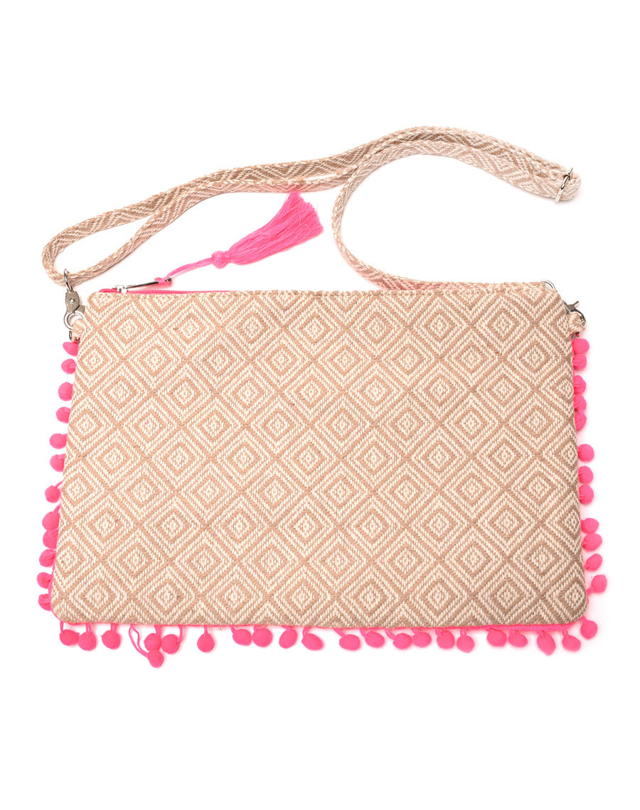 Sac à main aztèque taupe à fermeture et pompons roses