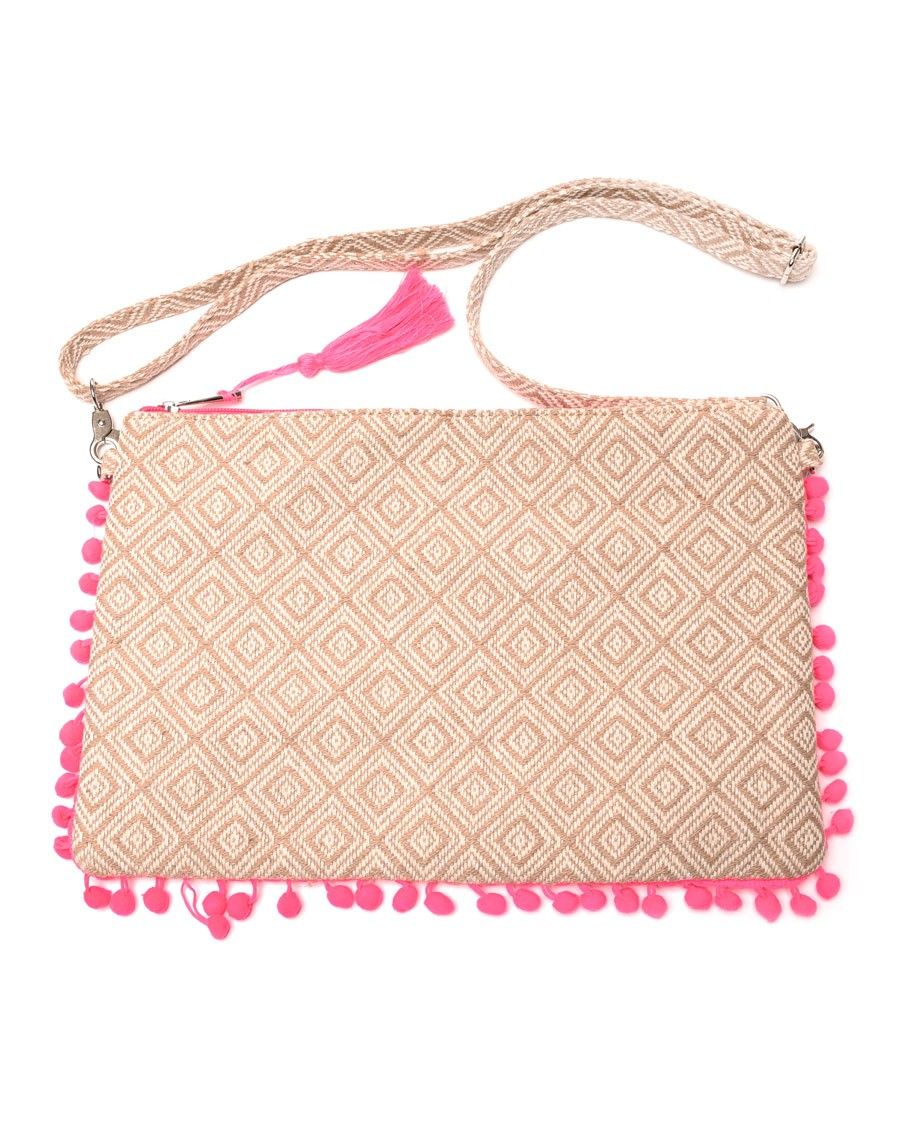 Sac à main aztèque taupe à fermeture et pompons roses