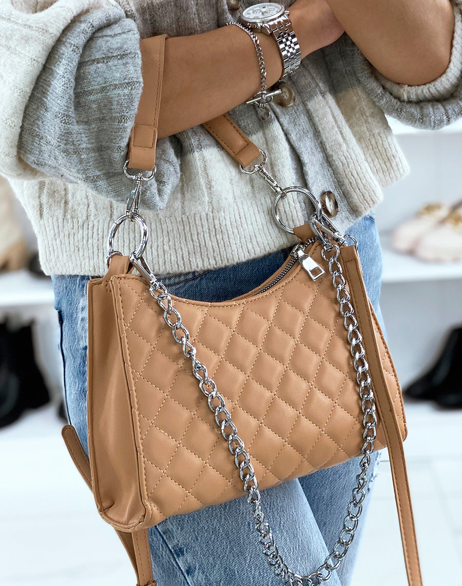 Sac à main beige abricot matelassé à chaîne argentée