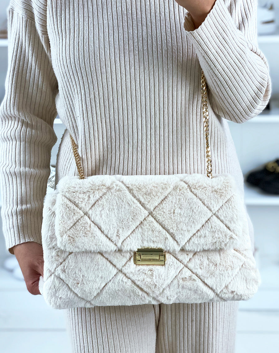 Sac à main beige fausse fourrure