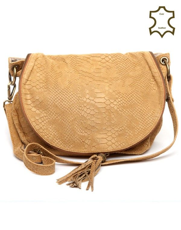 Sac à main beige Palme en croûte de cuir à motif écailles de reptile
