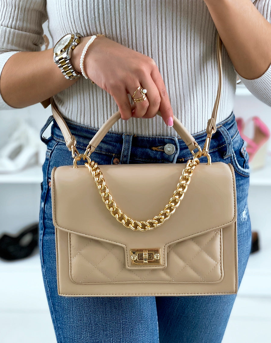 Sac à main beige style cartable à chaîne dorée