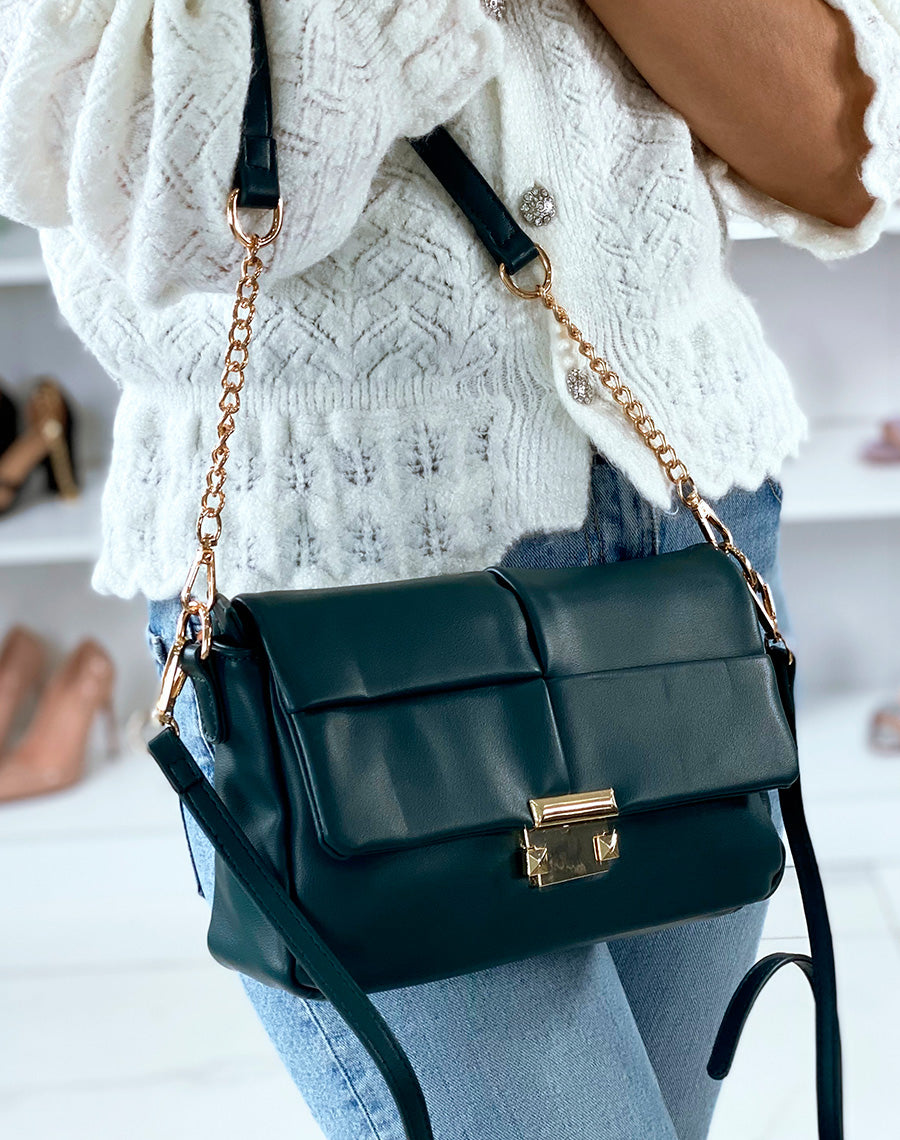 Sac à main bleu canard quadrillée à détail doré