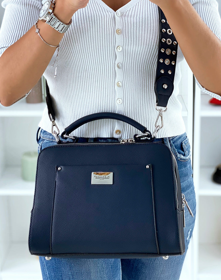 Sac à main bleu style cartable à double poche