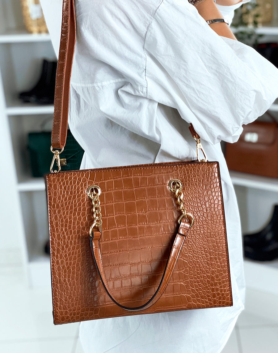 Sac à main camel effet croco à détail doré