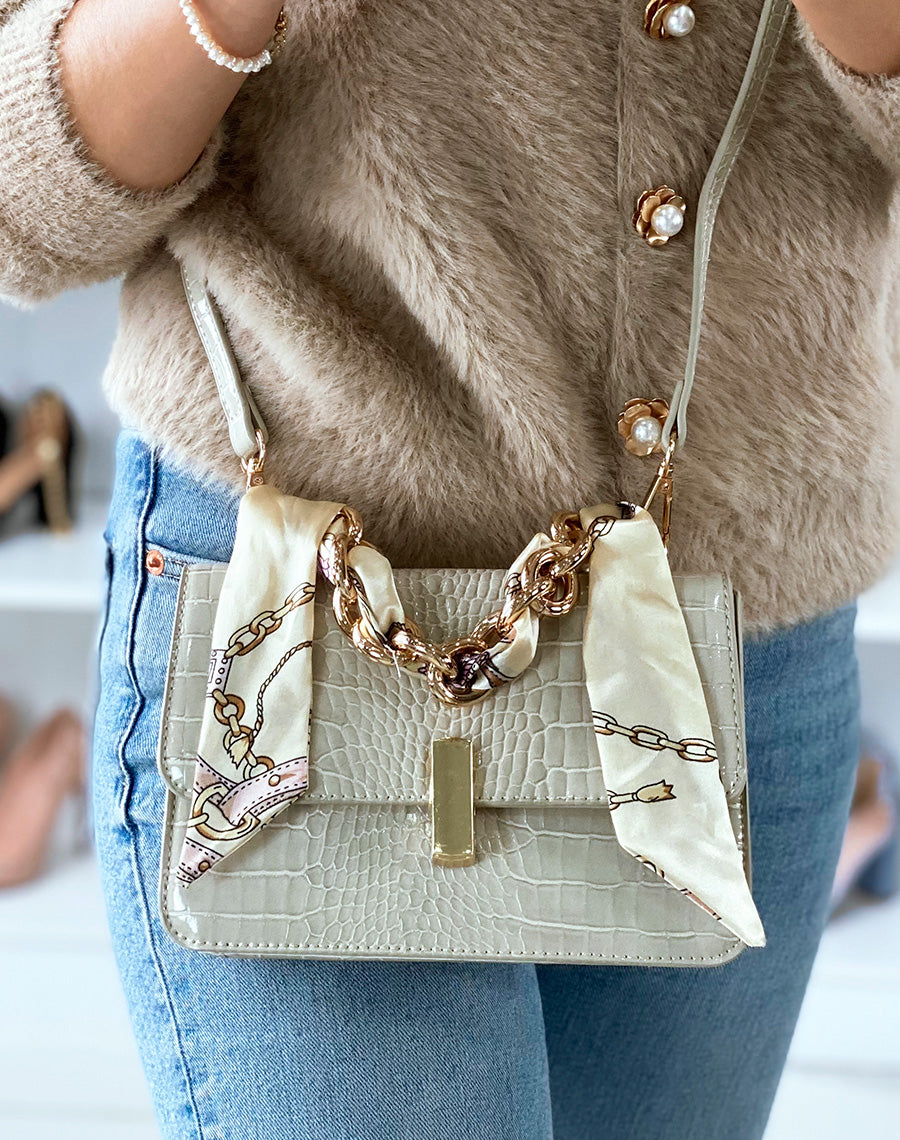Sac à main effet croco beige avec anse à foulard