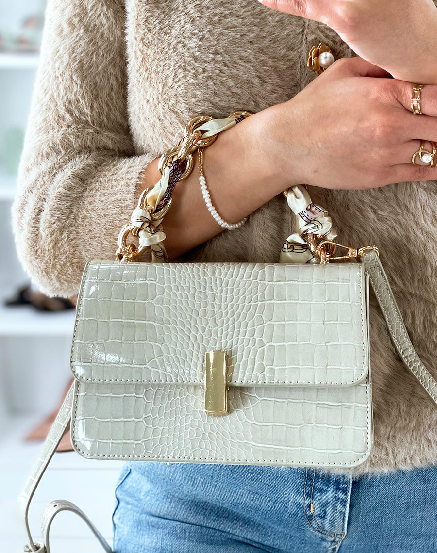 Sac à main effet croco beige avec anse à foulard