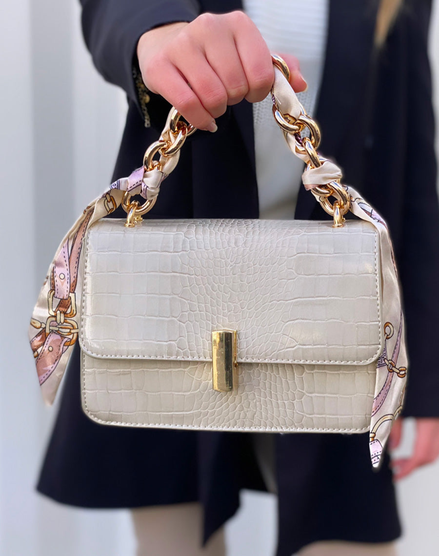 Sac à main effet croco beige avec anse à foulard