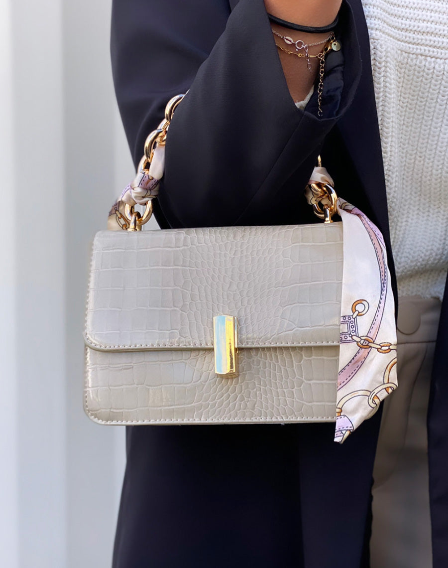 Sac à main effet croco beige avec anse à foulard