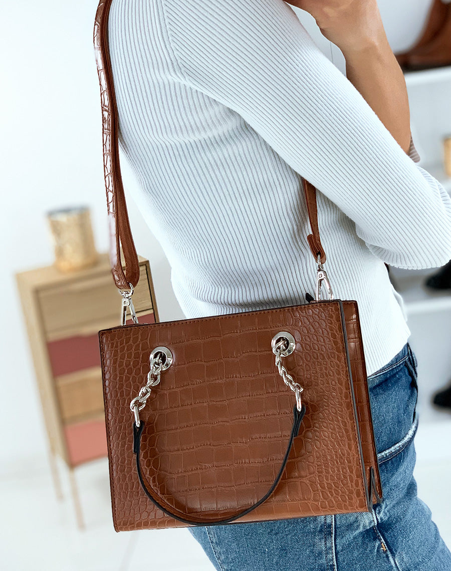 Sac à main effet croco camel