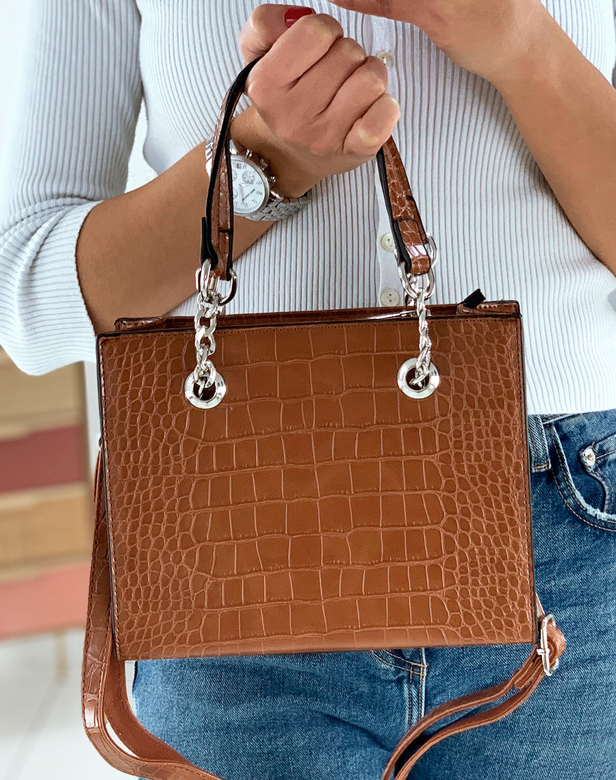 Sac à main effet croco camel