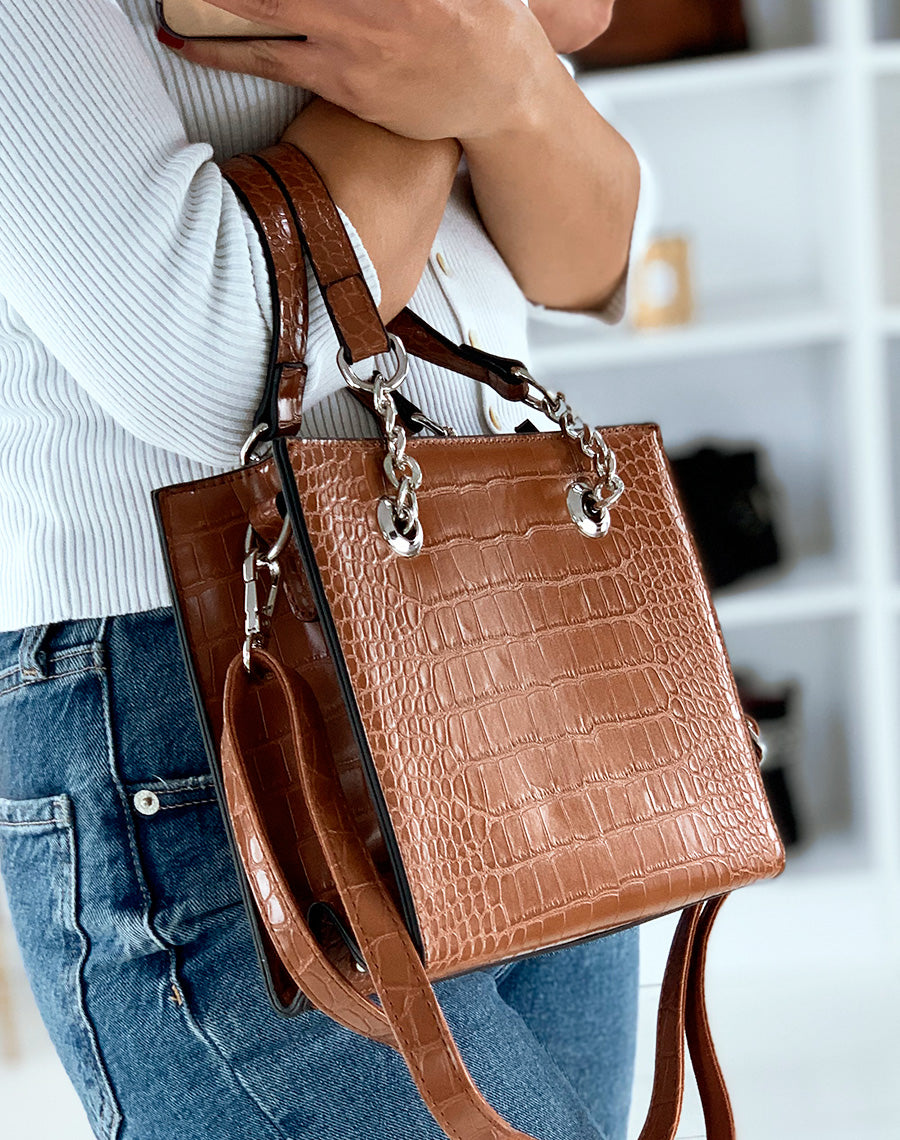 Sac à main effet croco camel