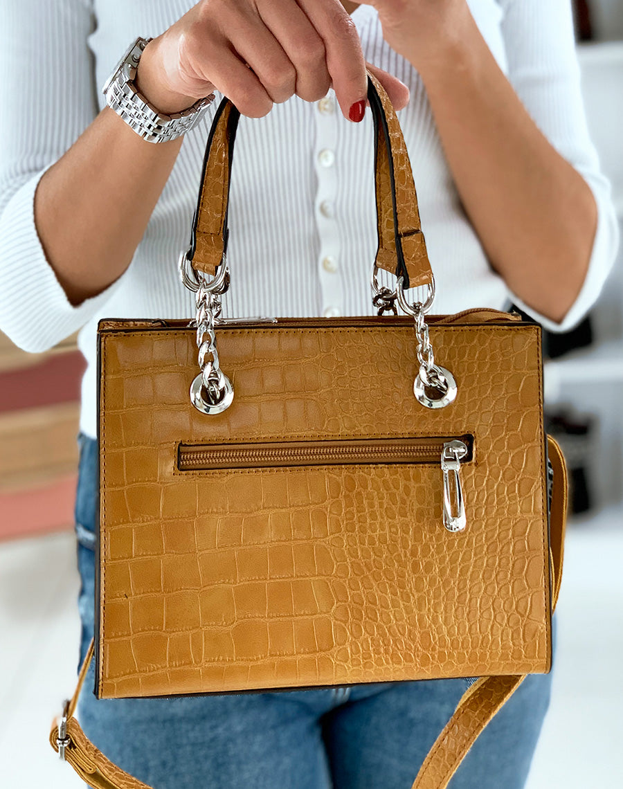 Sac à main effet croco moutarde