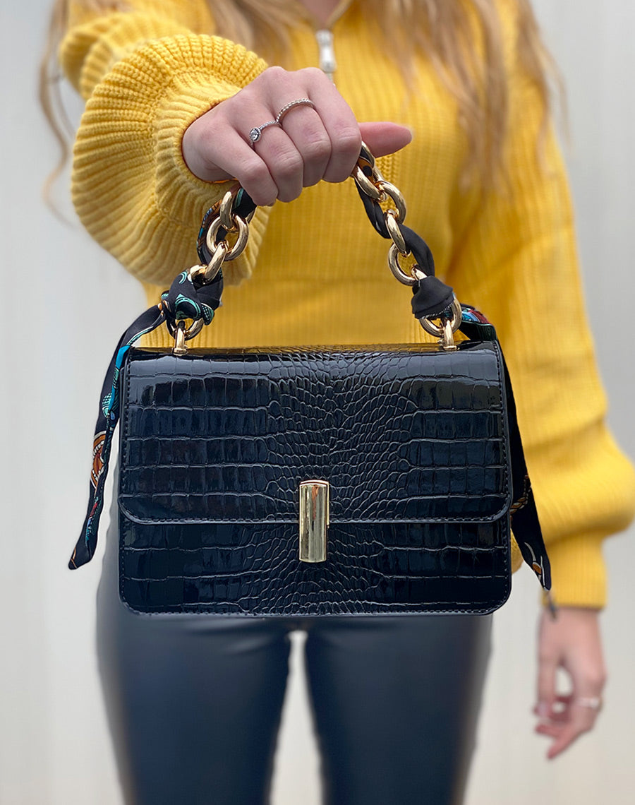 Sac à main effet croco noir avec anse à foulard