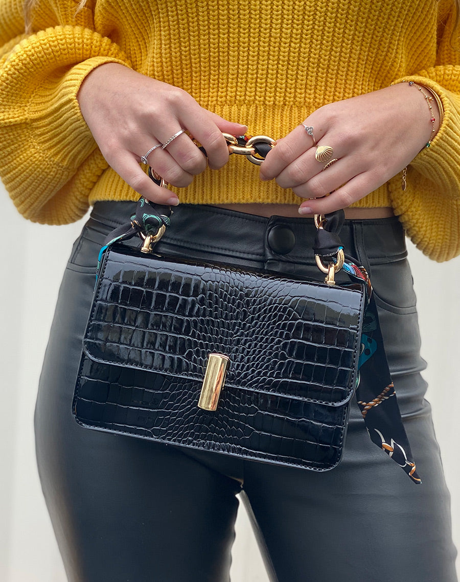 Sac à main effet croco noir avec anse à foulard