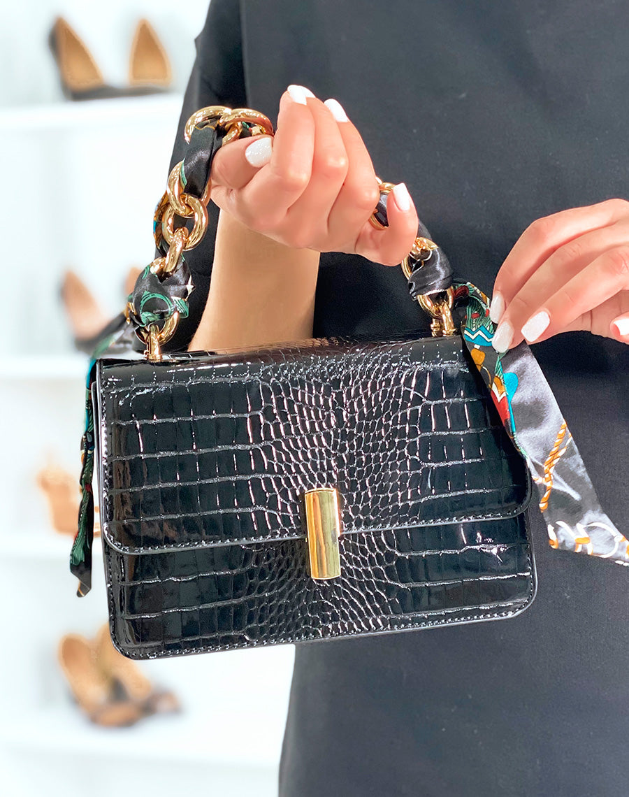 Sac à main effet croco noir avec anse à foulard