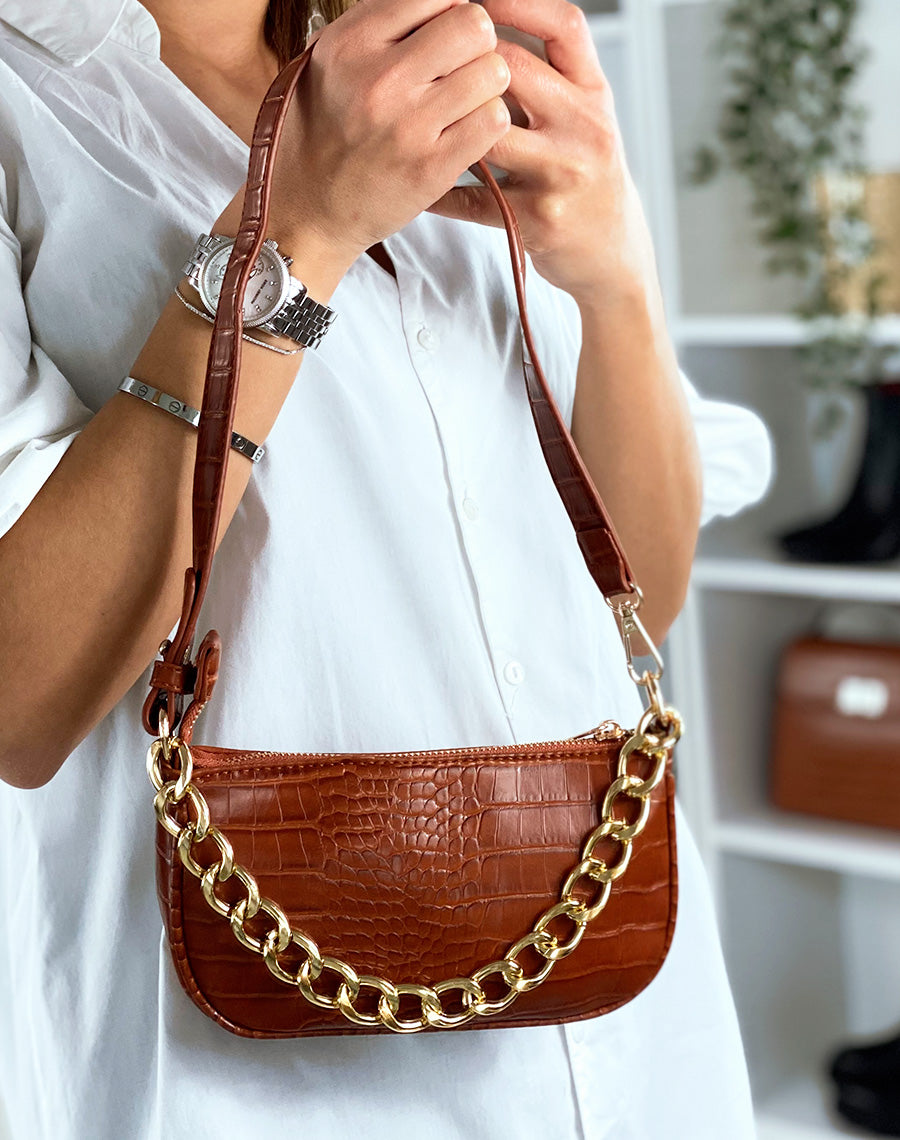 Sac à main effet croco rouille à chaine dorée