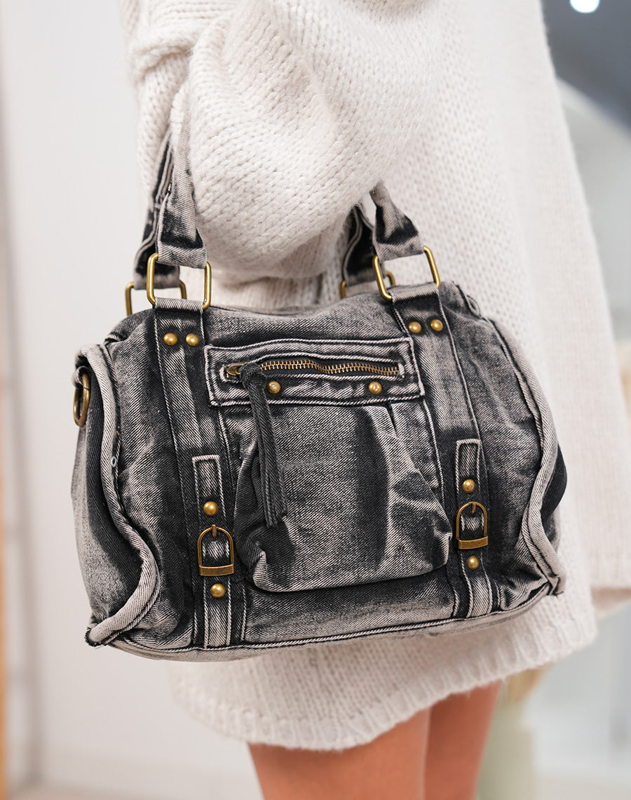 Sac à main effet jean noir et gris