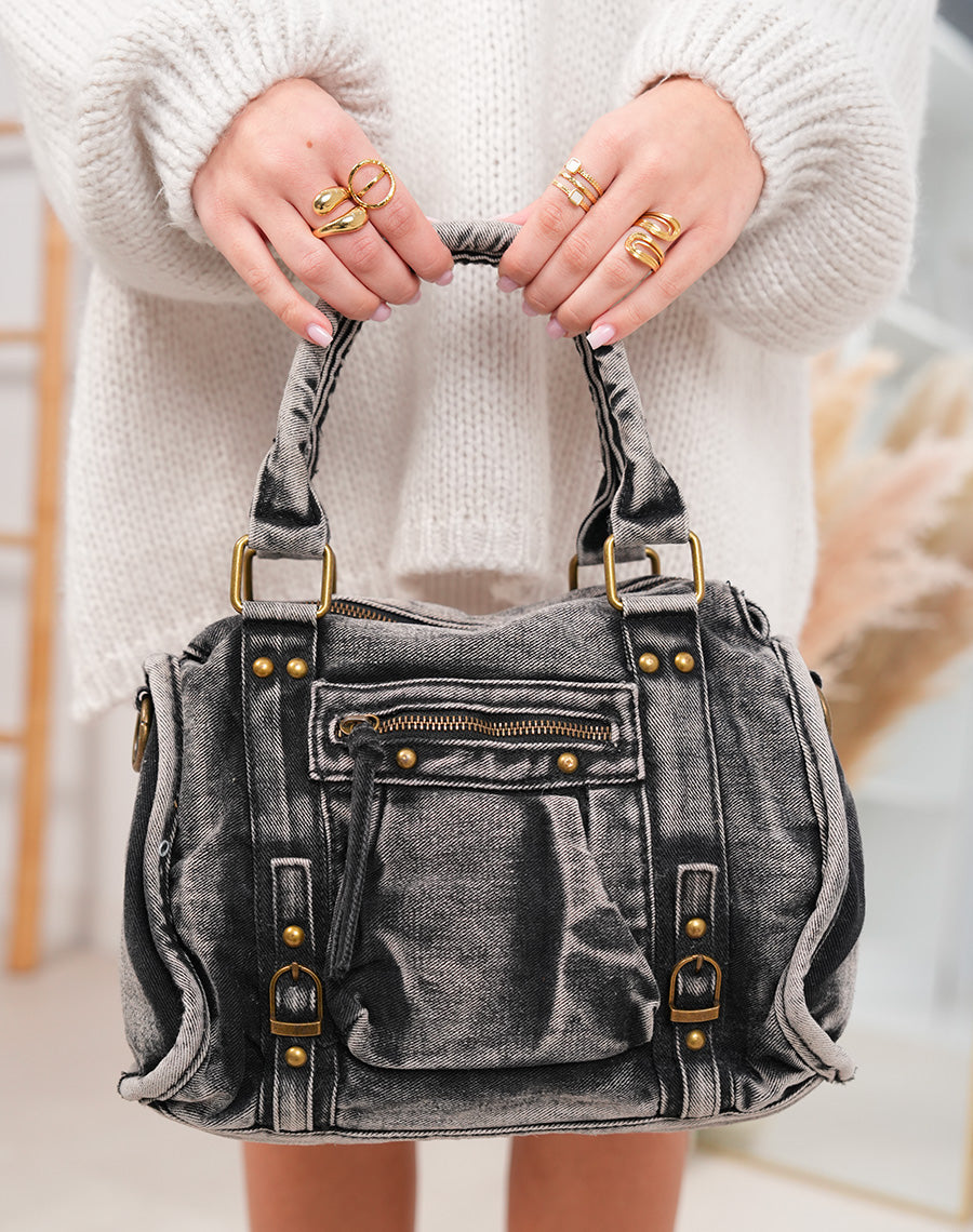 Sac à main effet jean noir et gris