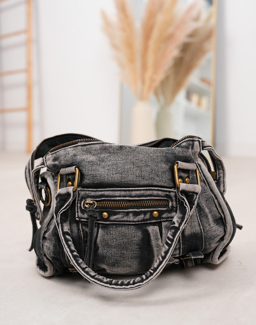 Sac à main effet jean noir et gris