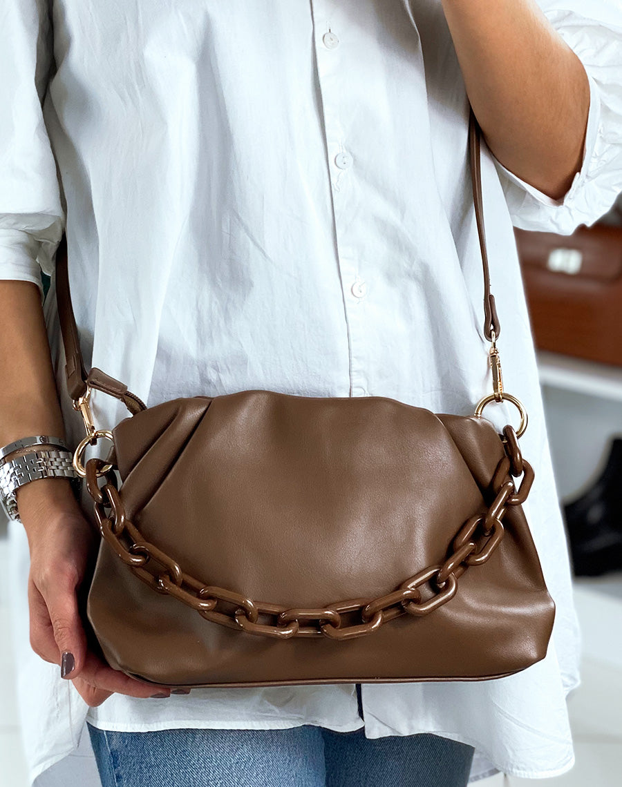 Sac à main forme besace café à fausses chaines