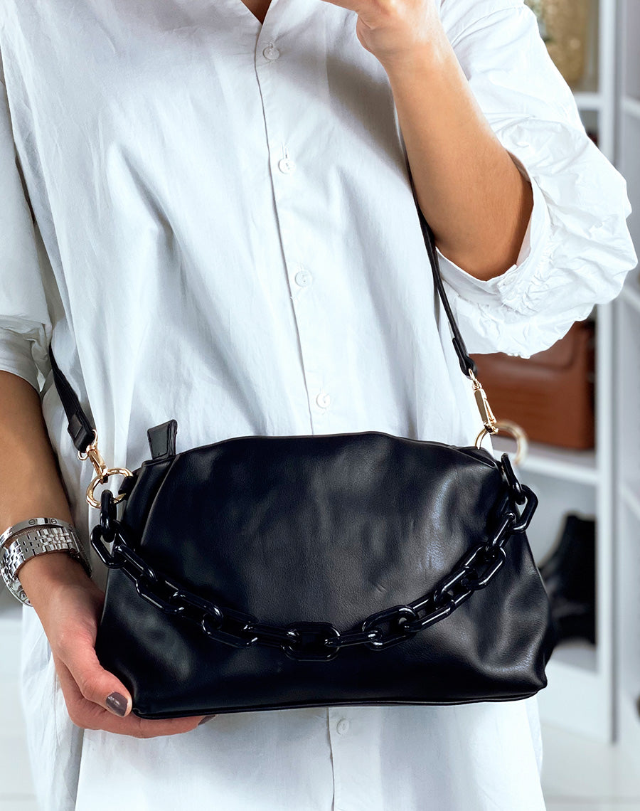 Sac à main forme besace noir à fausses chaines