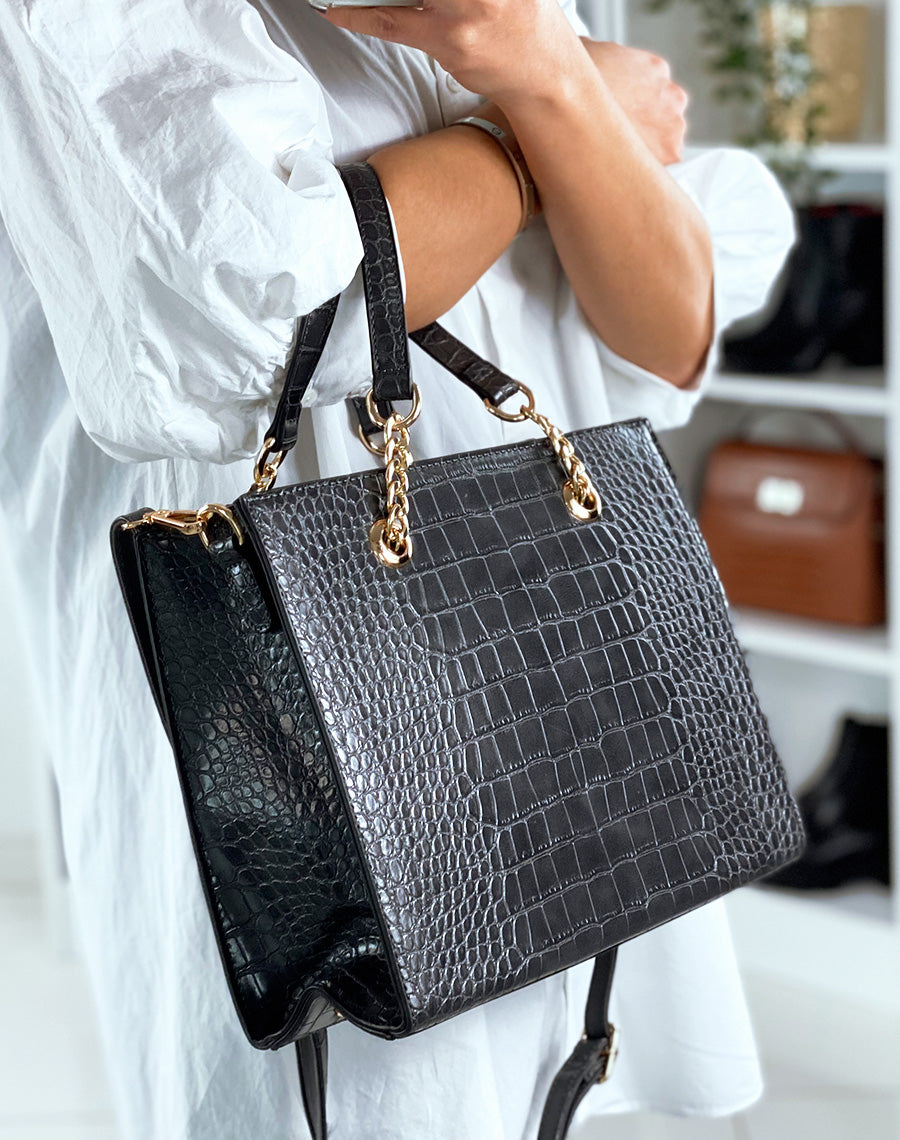 Sac à main gris effet croco à détail doré
