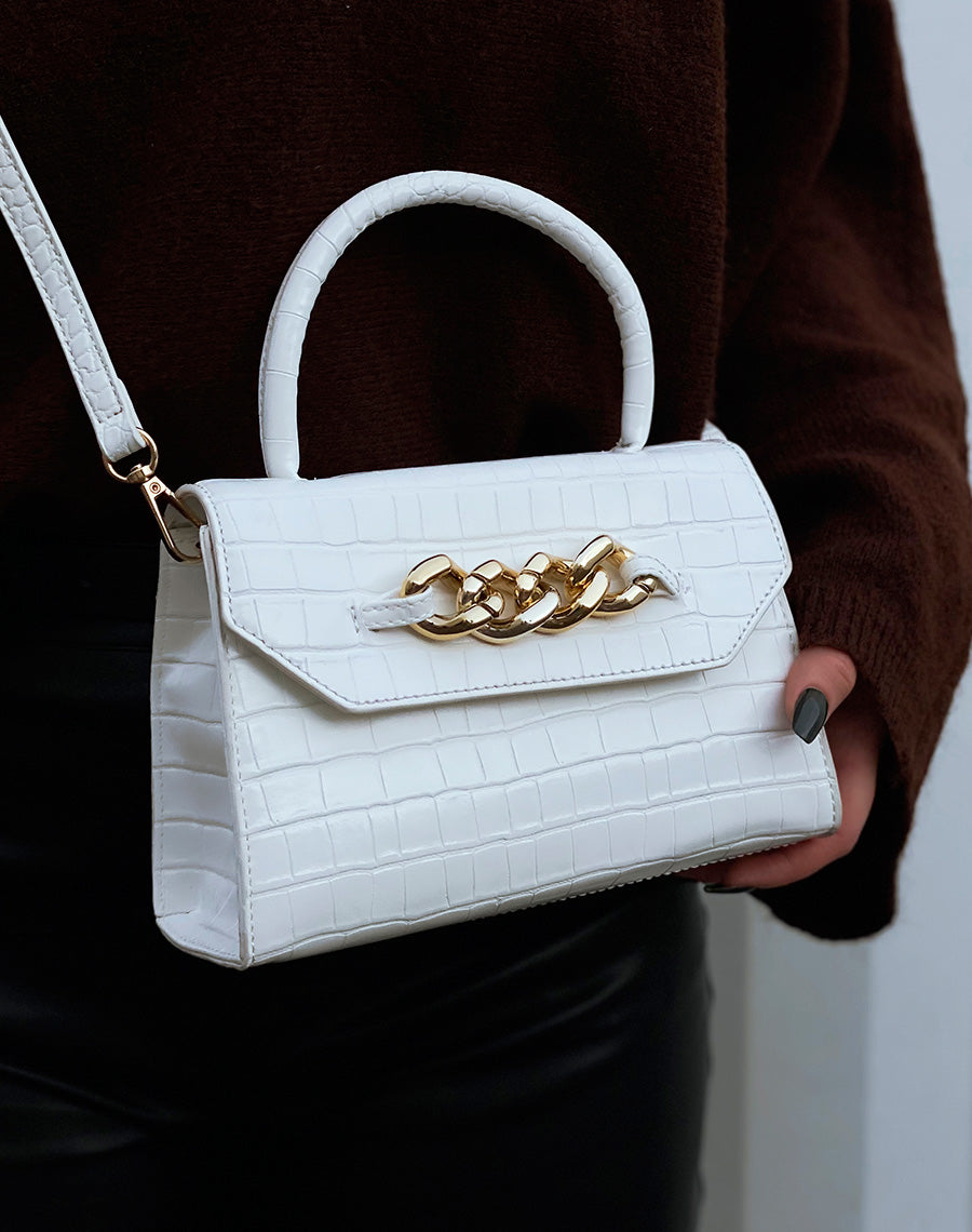Sac à main mini blanc effet croco à chaîne dorée