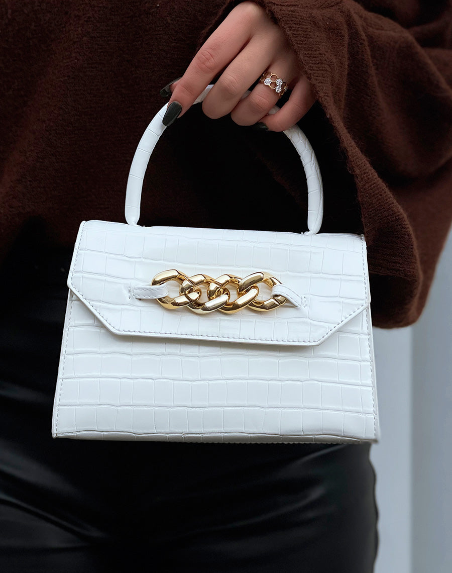 Sac à main mini blanc effet croco à chaîne dorée