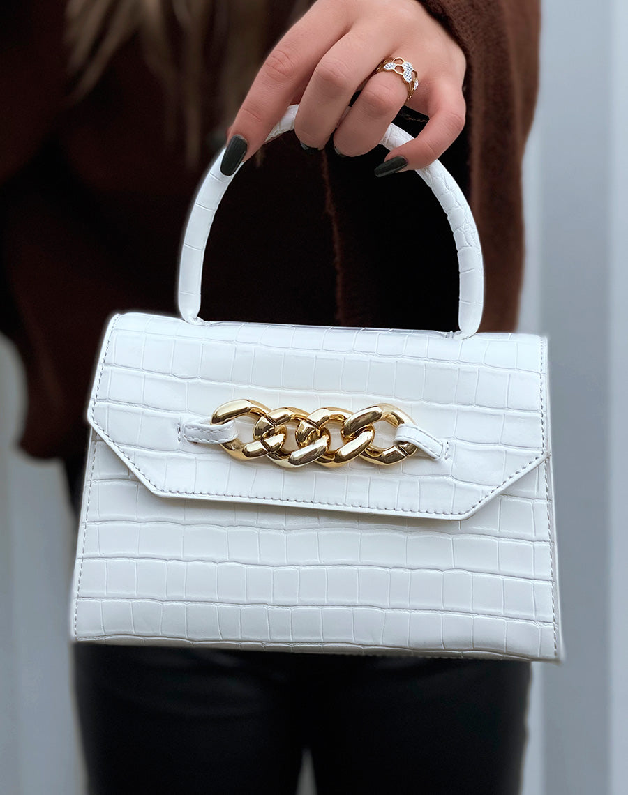 Sac à main mini blanc effet croco à chaîne dorée