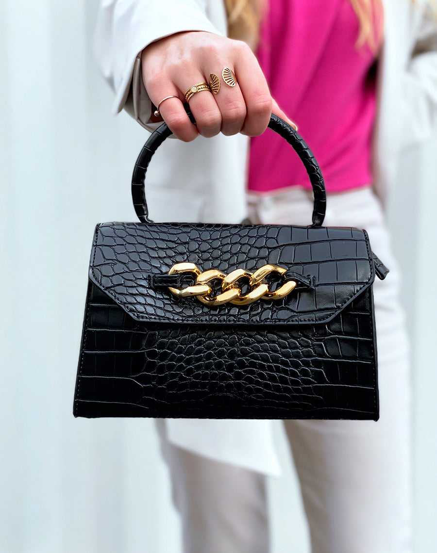 Sac à main mini noir effet croco à chaîne dorée