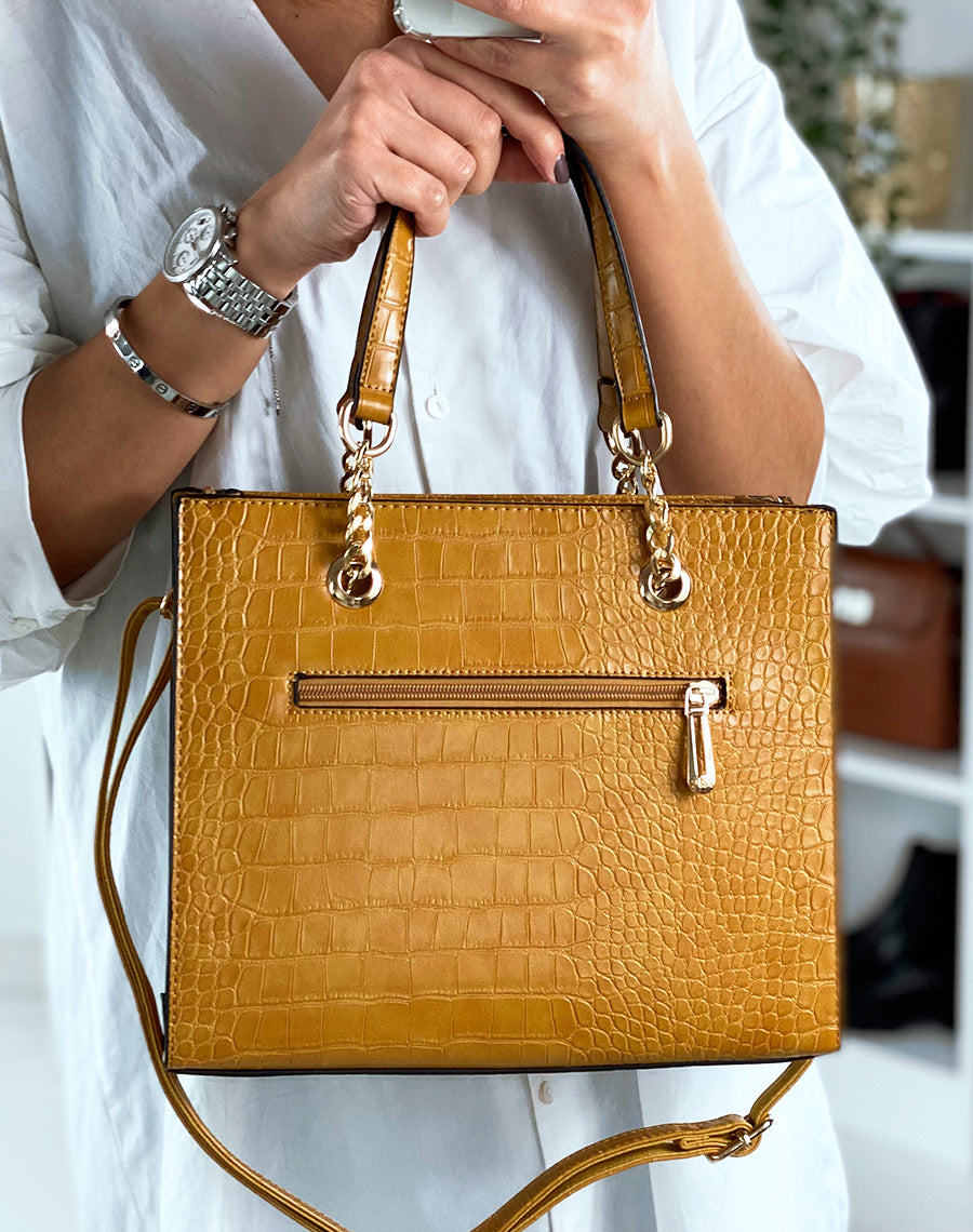 Sac à main moutarde à détail doré effet croco