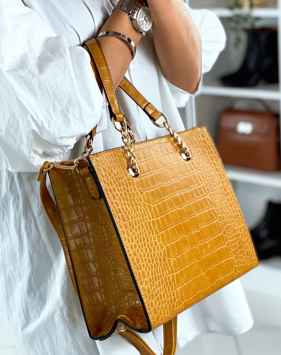Sac à main moutarde à détail doré effet croco