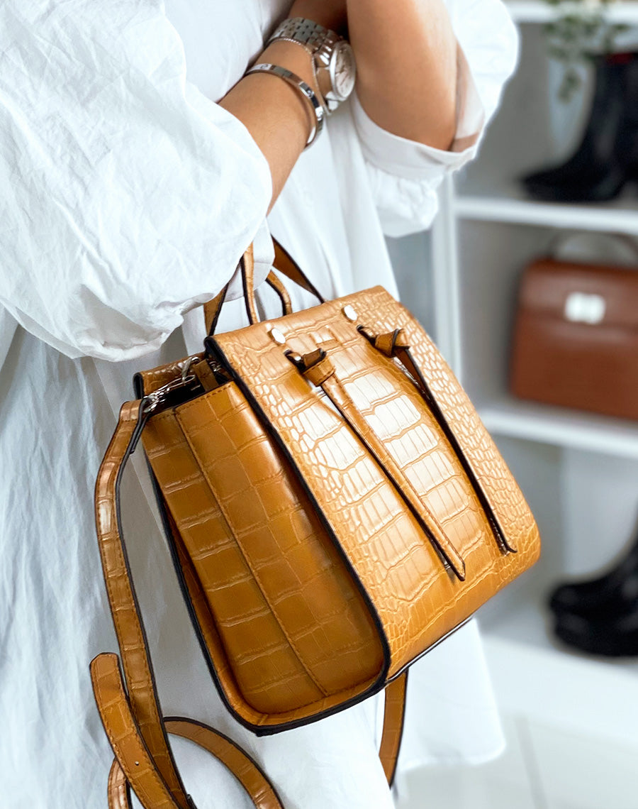 Sac à main moutarde effet croco