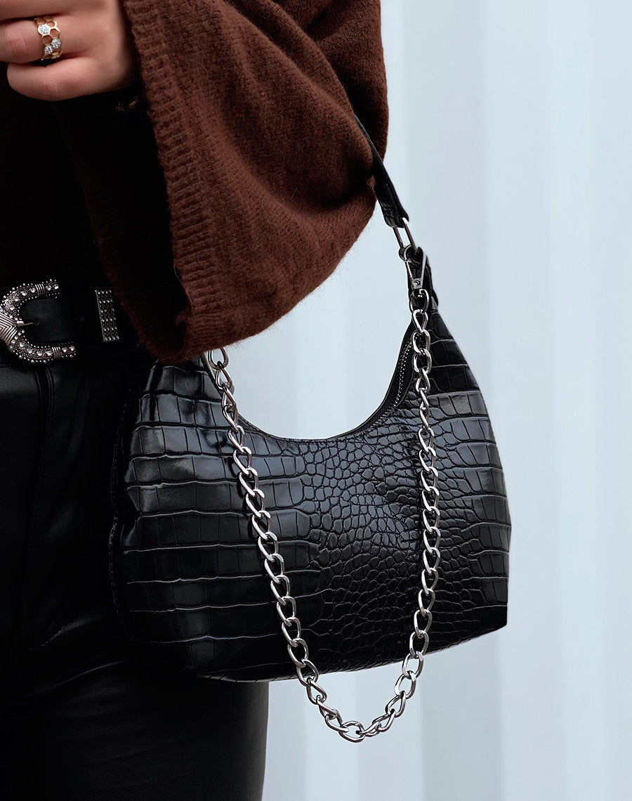 Sac à main noir arrondi effet croco