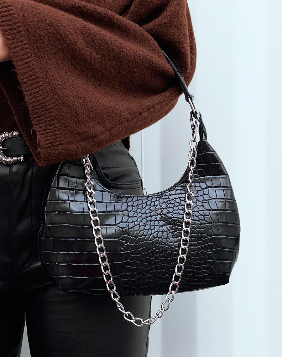 Sac à main noir arrondi effet croco