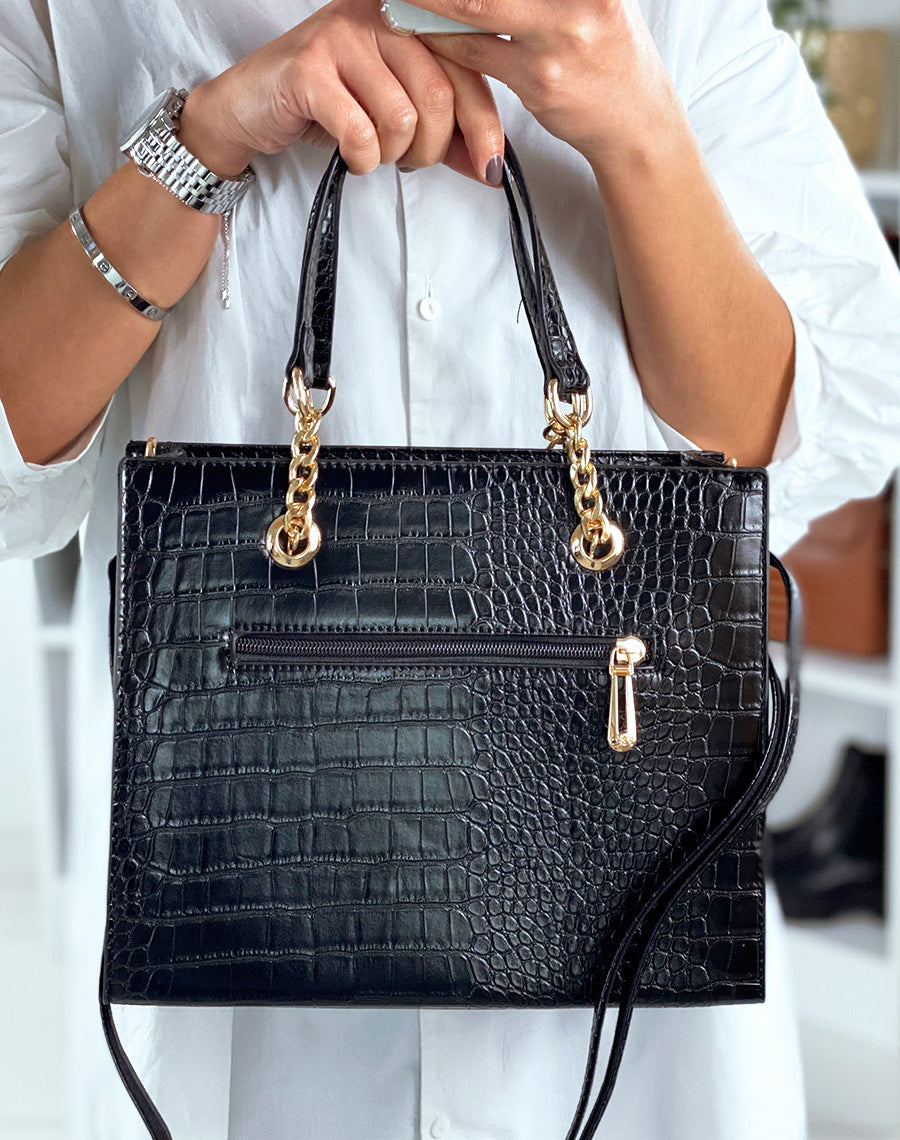 Sac à main noir à détail doré effet croco