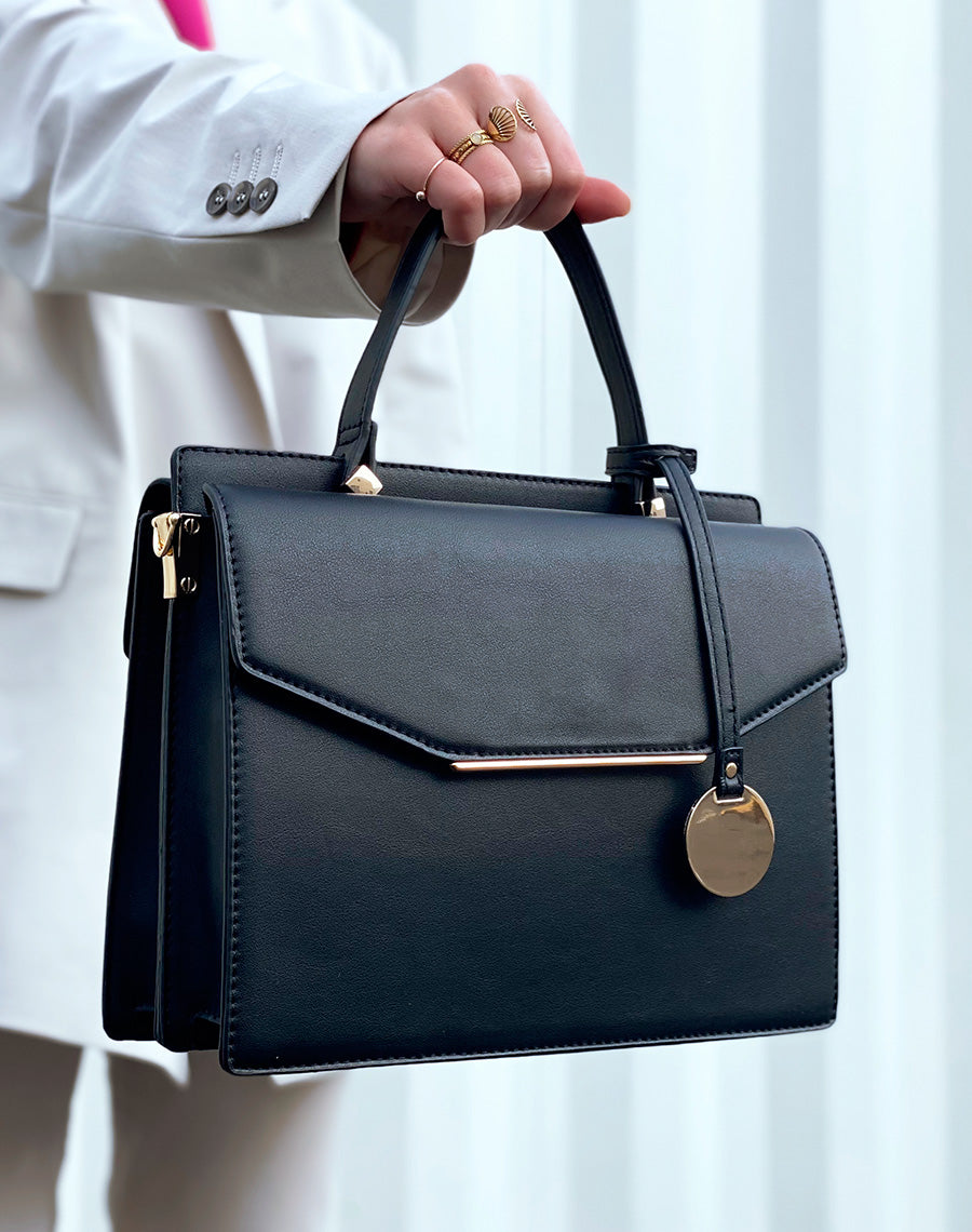 Sac à main noir à double ouverture et détails dorés
