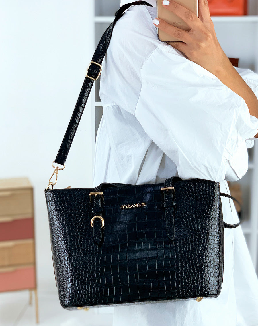 Sac à main noir effet croco