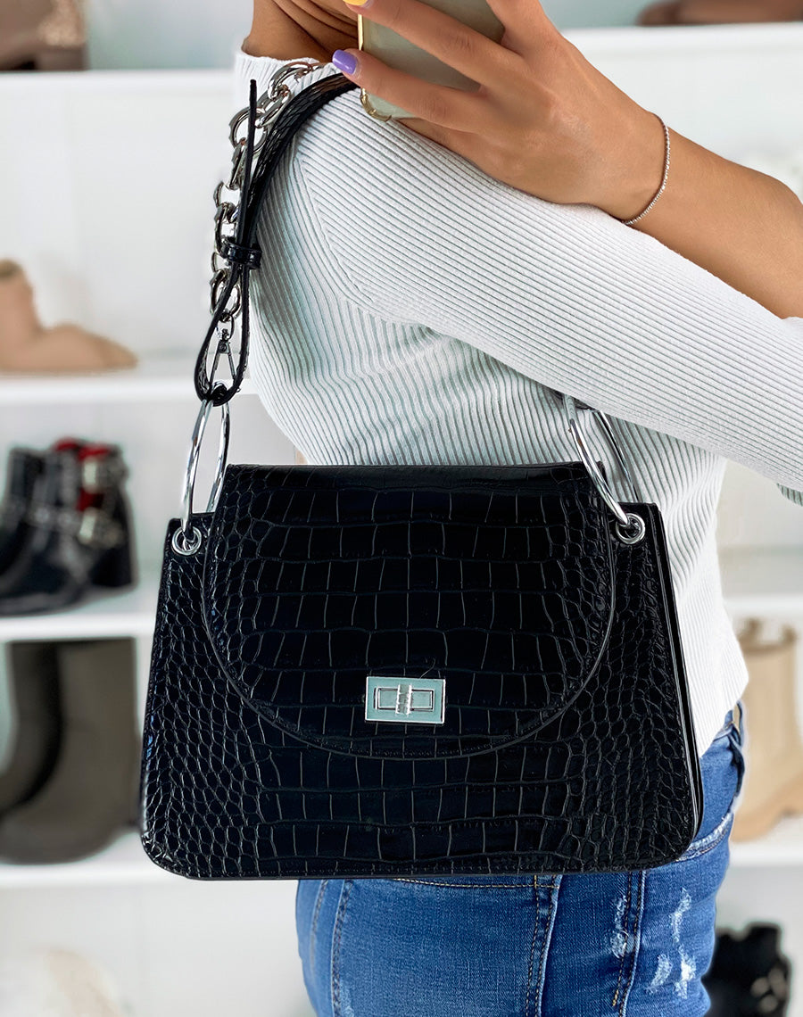 Sac à main noir effet croco arrondit à chaîne argentée